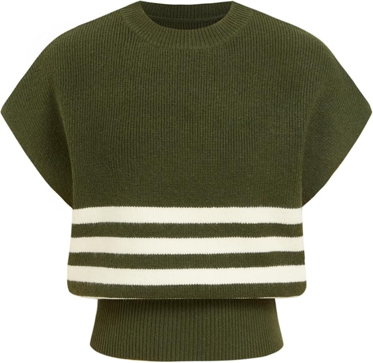 CIDER Womens Sweater Vest Crop Striped Crew Neck Cap Sleeve Tank Tops | Amazon (US)