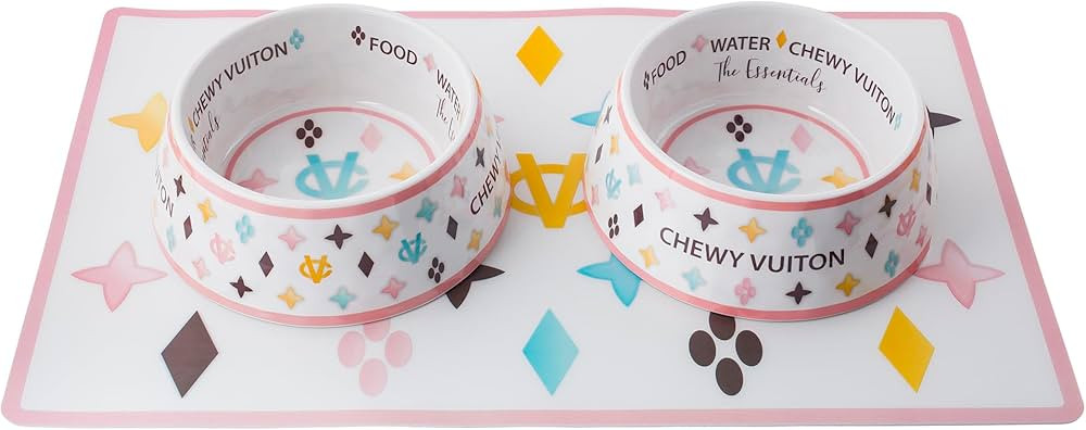 Haute Diggity Dog White Chewy Vuiton Dog Food & Water Bowls + Placemat, BPA-Free with Non-Skid Bo... | Amazon (US)