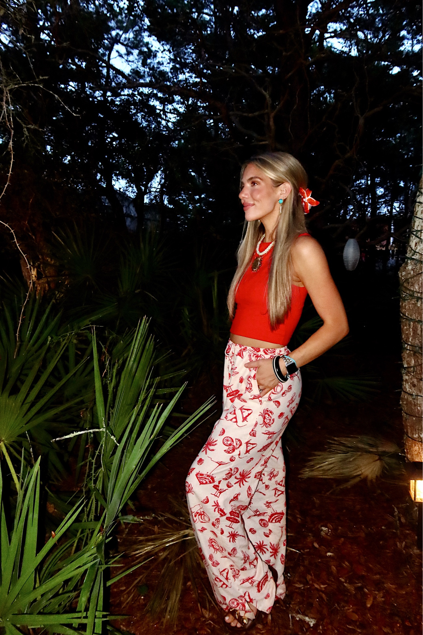 Bright red simple casual comfy beachy summer outfit linen patterned pants and accessories! Size XXS in pants they run big!! Pearl and turquoise earrings and floral flower hair clip

#LTKSeasonal #LTKFindsUnder50 #LTKPetite