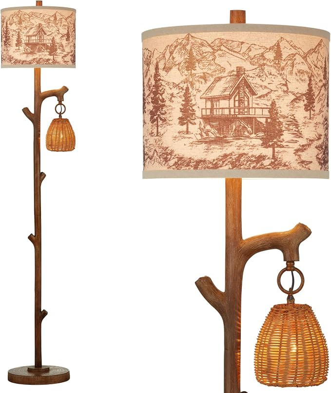 63.5" High Rustic Farmhouse Tree Trunk Floor Lamp Brown Finish Wicker Drum Shade and Linen Fabric... | Amazon (US)