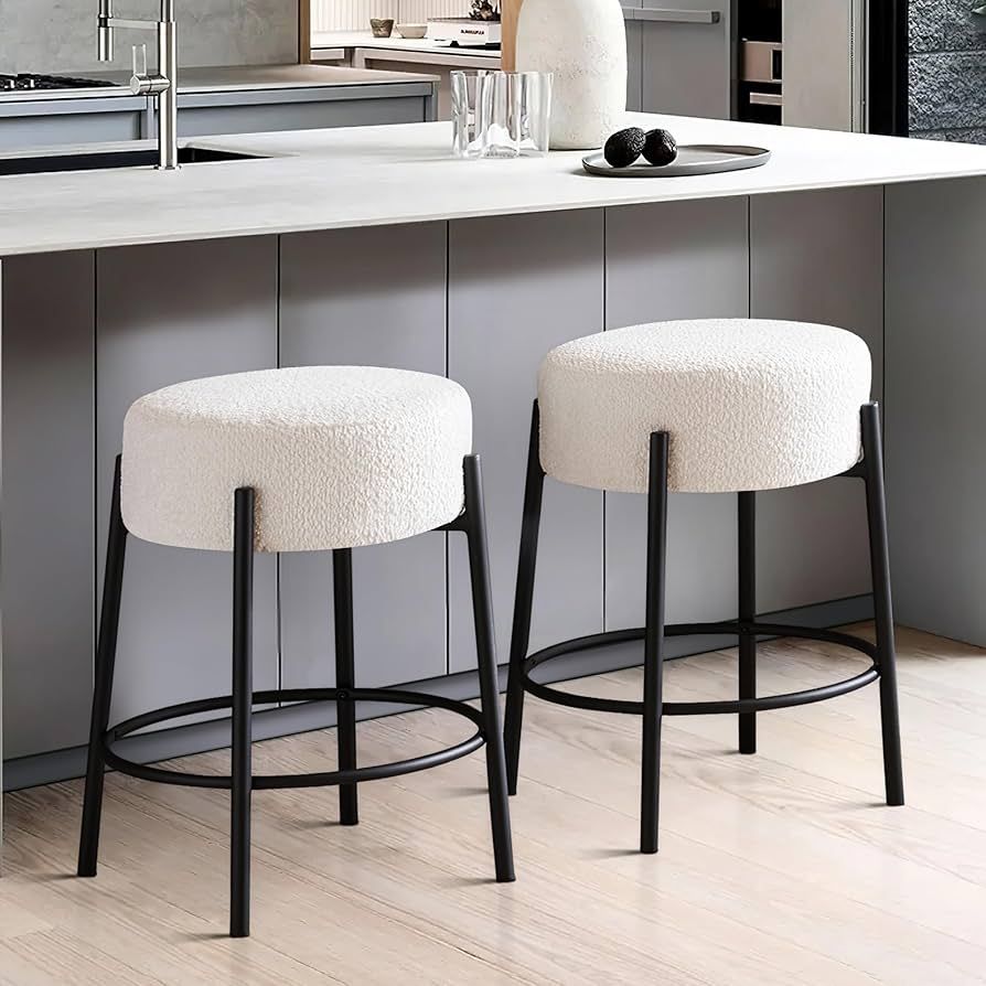 Dolonm 24 Inch Round Counter Bar Stools Set of 2, Teddy Fabric Upholstered, Bouclé and Sherpa Ch... | Amazon (US)