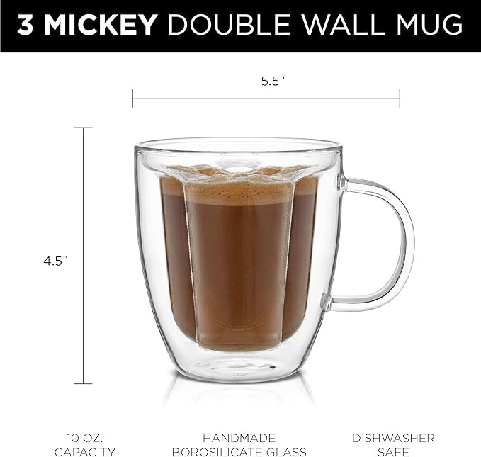 JoyJolt Disney Mickey Mouse 3D Coffee Cups 10oz. Glass Cups Set of 2 Insulated Double Wall Glass ... | Amazon (US)