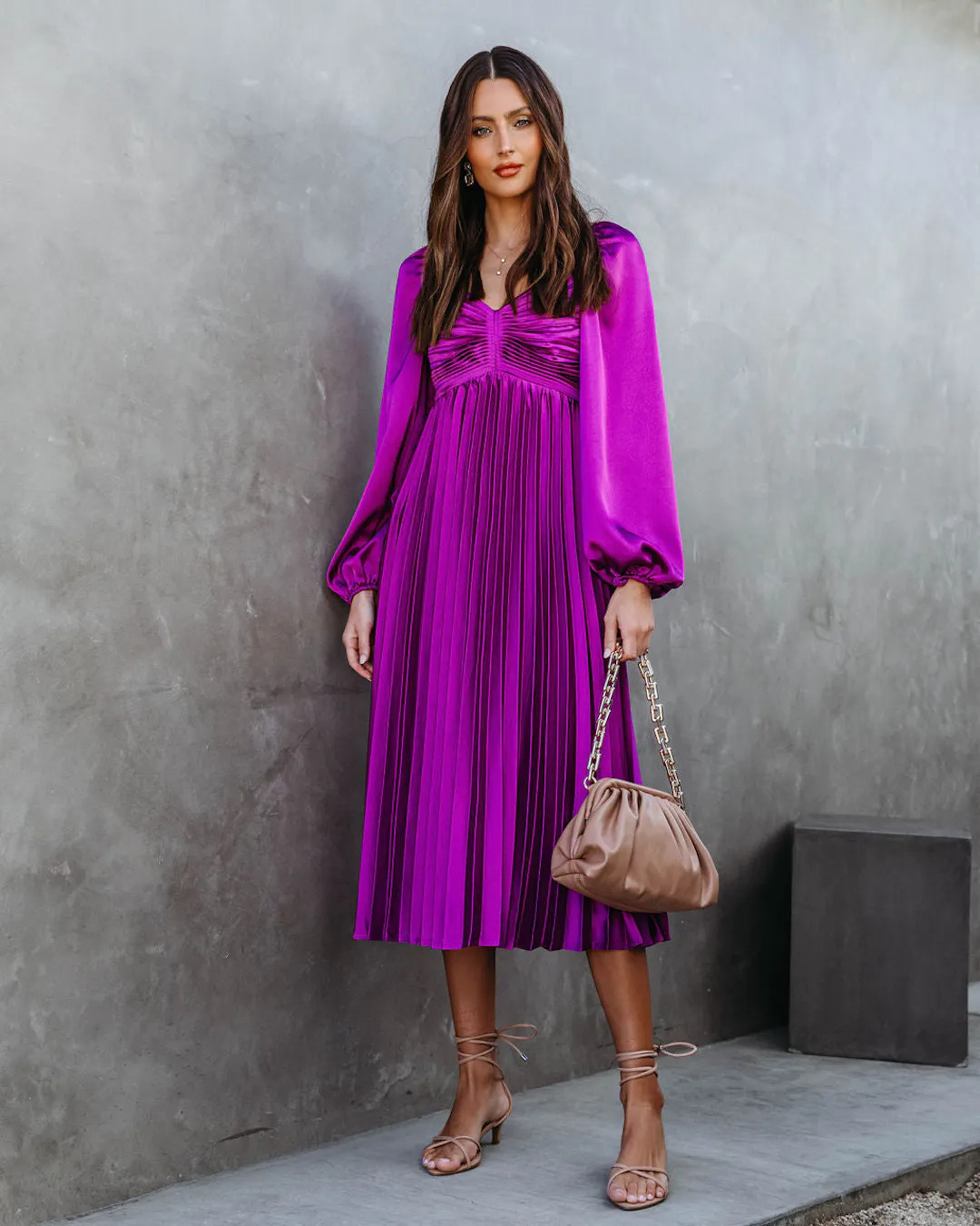 Romantic One Satin Pleated Midi Dress - Purple | VICI