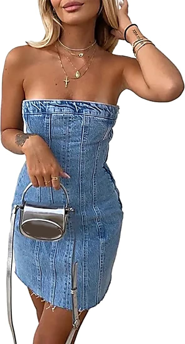 Women's Sexy Denim Strapless Dress One Piece Sleeveless Tube Top Bodycon Club Party Jean Mini Dre... | Amazon (US)