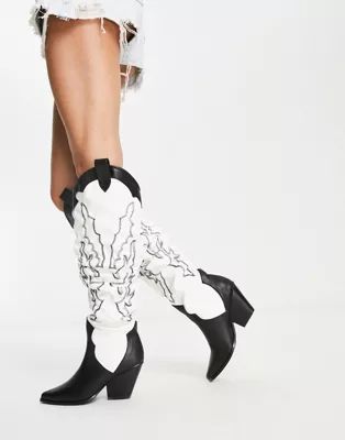 Public Desire Exclusive Rodeo ruched over the knee cowboy boots in black and white | ASOS (Global)