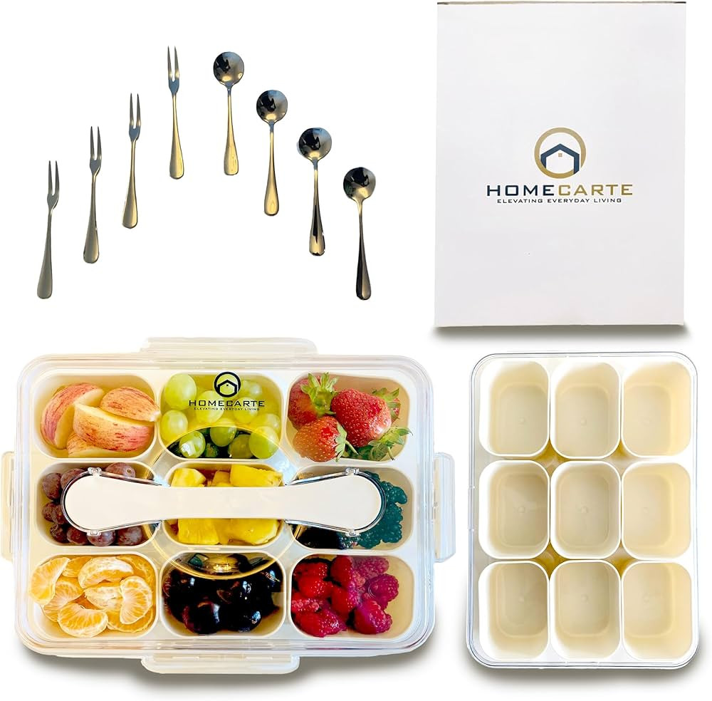 Divided Serving Tray with Lid & Handle - 9-Compartment Clear Snack Box Container, Fits Fruits, Ca... | Amazon (US)