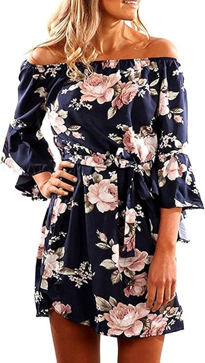 Kbook Women's Cute Floral Off Shoulder Ruffle Sleeve Boho Vacation Mini Dress with Belt | Amazon (US)