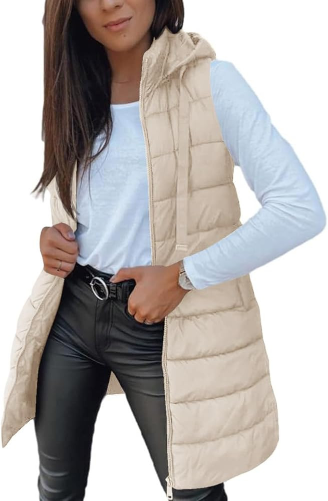 Veatzaer Women Long Vest Solid Color Sleeveless Hood Winter Puffer Vest Outwear | Amazon (US)