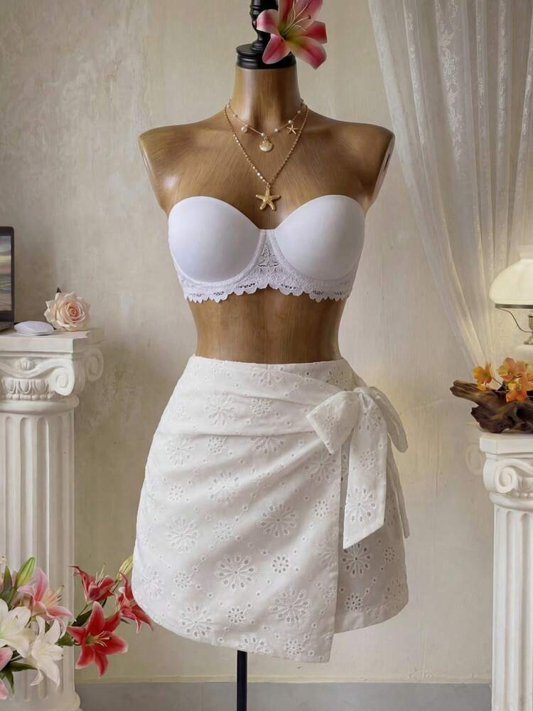 Breezaya Women's White Summer Lace-Trimmed Embroidered Knot Beach Wrap Skort | SHEIN