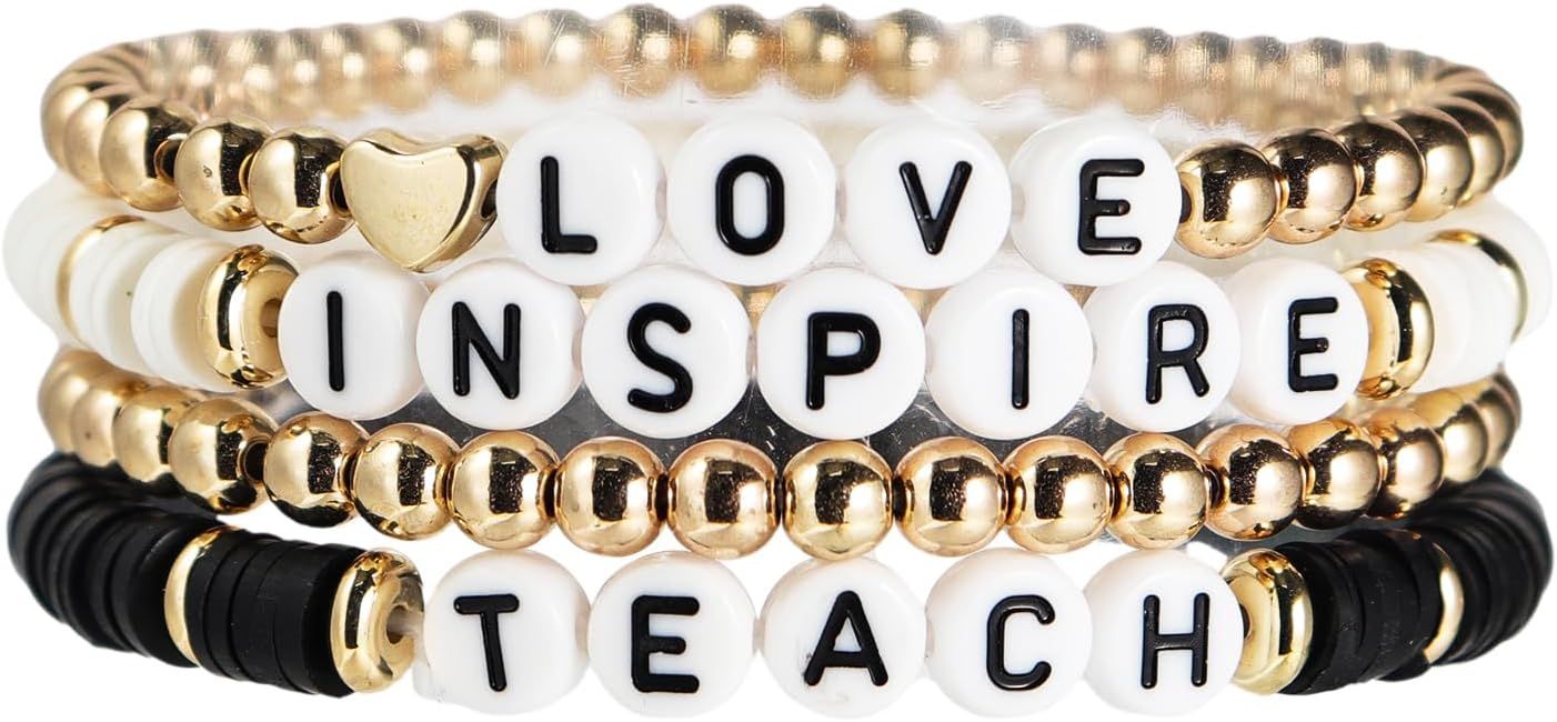 Fuqimanman2020 Teacher Appreciation Heishi Stackable Bracelet Set Teach Love Teach Inspire Beaded... | Amazon (US)