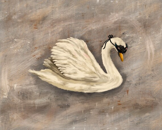 SWAN MASQUERADE ~ Whimsical Swan wearing a mask with a gray background. Halloween Swan. Downloada... | Etsy (US)