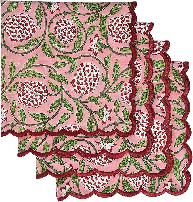 Hand Block Print Strawberry Pink 18" x 18" (Set of 4) Embroidery Table Napkins Reusable Cotton Di... | Amazon (US)