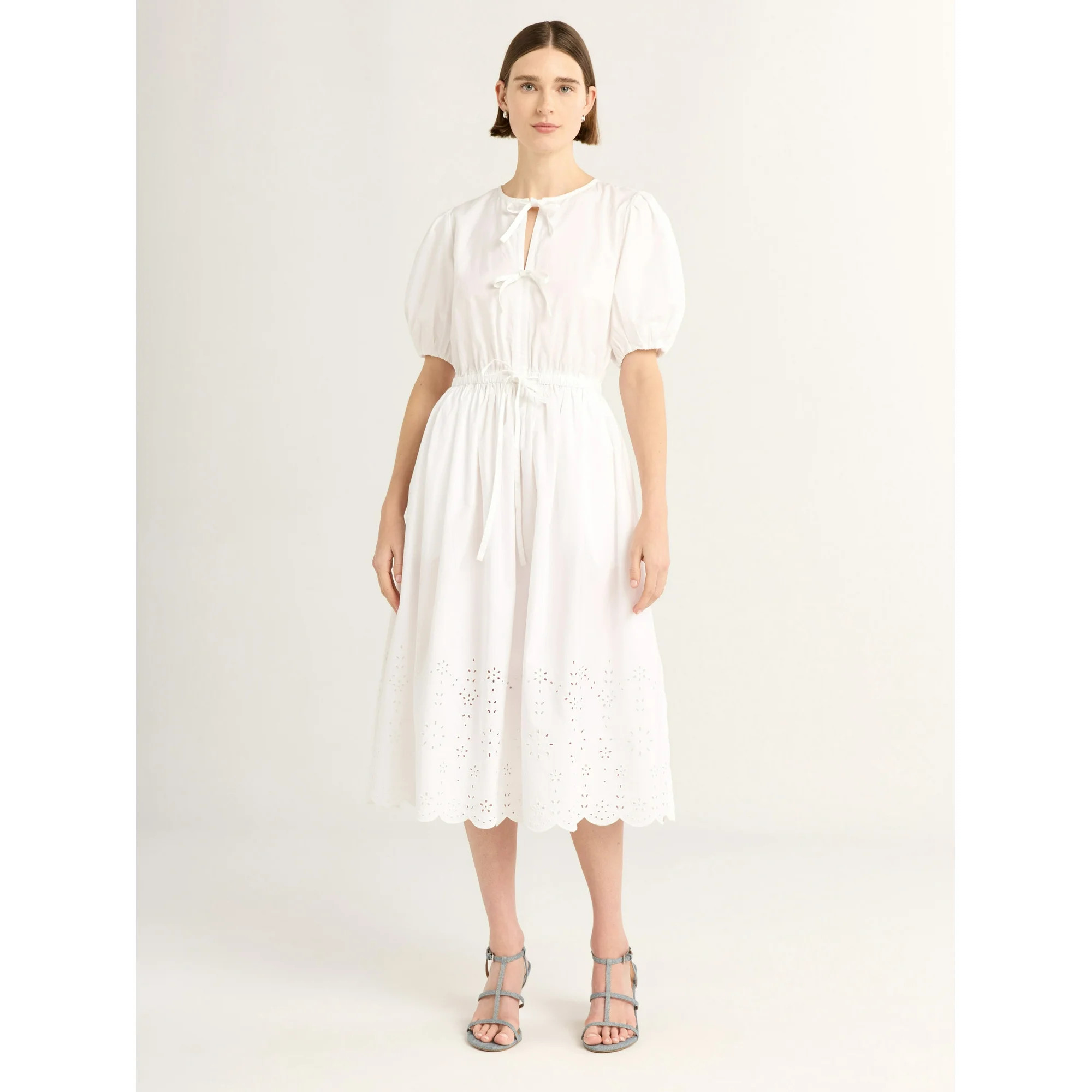 Free Assembly Women's and Women's Plus Tie Front Cotton Eyelet Midi Dress with Short Puff Sleeves... | Walmart (US)