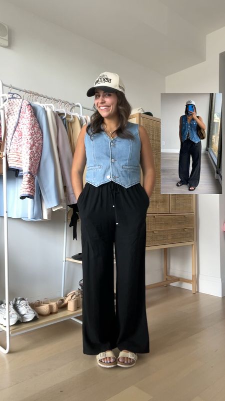 Recreating a Pinterest outfit with everything from Amazon (minus the undies). These flowy pants are great for summer + love them with this denim vest. Full look is around $100 total! Both true to size - M

Undies are Skims & I love them! They’re actually my first pair as I just ordered for the first time, but they’re so comfortable. Literally feel like nothing is on your body. I got M’s (my normal size) but wish I sized up to an L in the bra (I’m a 34 C) 

#LTKFestival #LTKstyletip #LTKfindsunder100