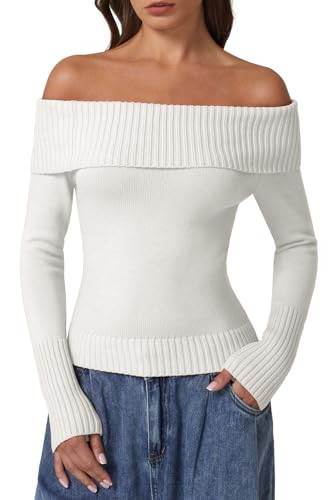 QINSEN Off The Shoulder Tops for Women Ribbed Knit Long Sleeve Pullover Sweater Classic-Fit Going Out Tops Beige M | Amazon (US)