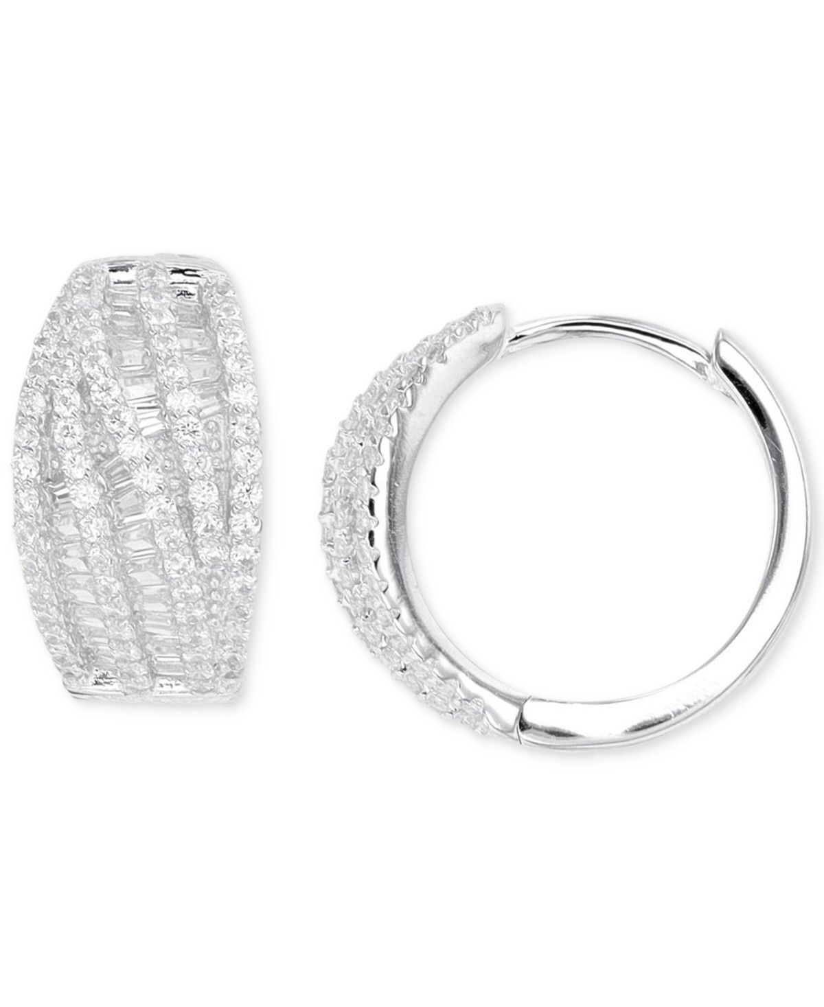 Cubic Zirconia Round & Baguette Swirl Small Hoop Earrings in Sterling Silver, 0.59" - Silver | Macy's