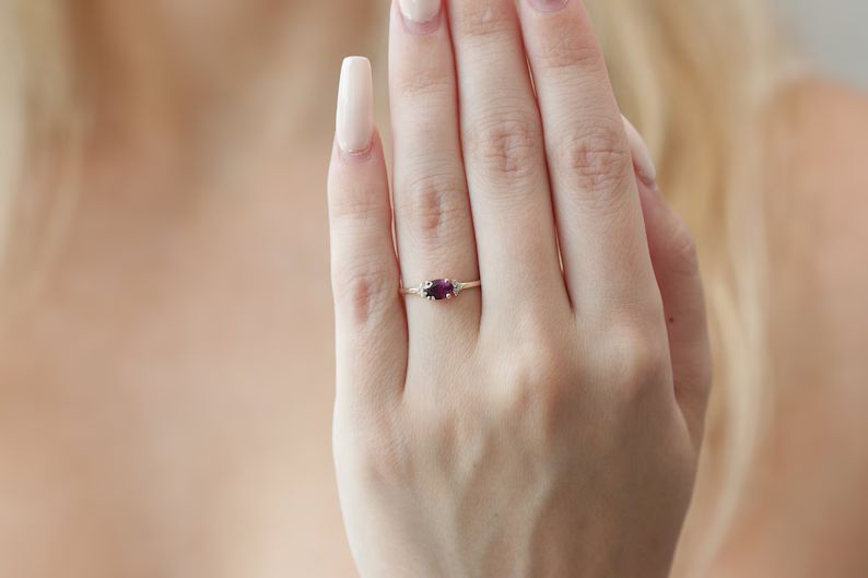 10k/14k/18k Gold 6x4mm Oval Rhodolite Diamond Ring/solid Gold Rhodolite Diamond Ring/handmade Dia... | Etsy (US)