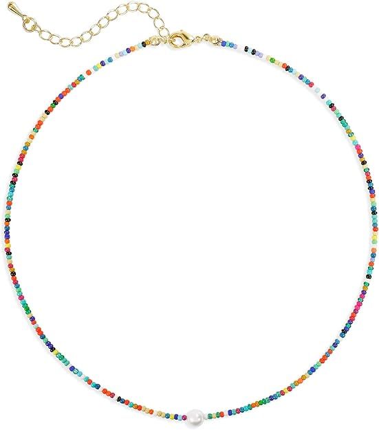 Colorful Beaded Choker Necklace For Girls Short Statement Boho Beaded Pearl Adjustable Necklace F... | Amazon (US)