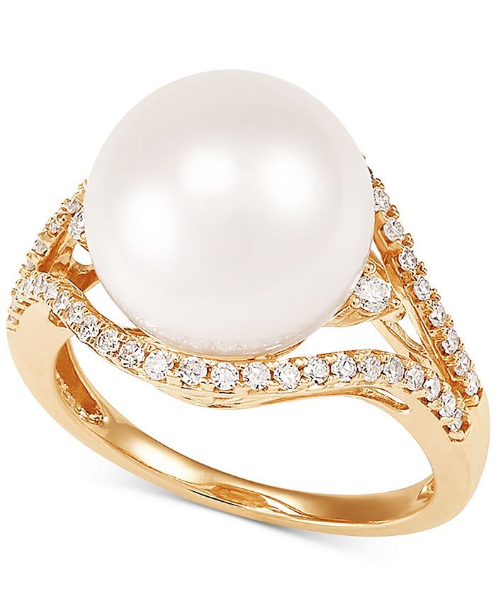 Honora Cultured White Ming Pearl (12mm) & Diamond (1/3 ct. t.w.) Ring in 14k Gold & Reviews - Rin... | Macys (US)