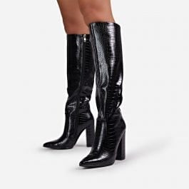 Stella Block Heel Knee High Long Boot In Black Croc Print Patent | EGO Shoes (US & Canada)