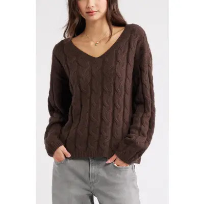 BP. Cable Knit V-Neck Cotton Blend Sweater in Pink Primrose at Nordstrom, Size Large | Nordstrom