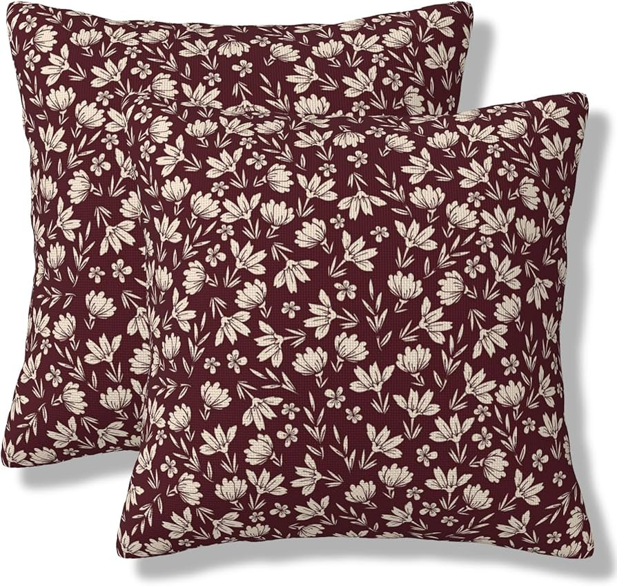 Burgundy Floral Throw Pillow Covers Vintage Rustic Old Style Square Pillow Cases 18x18 Inch Set o... | Amazon (US)