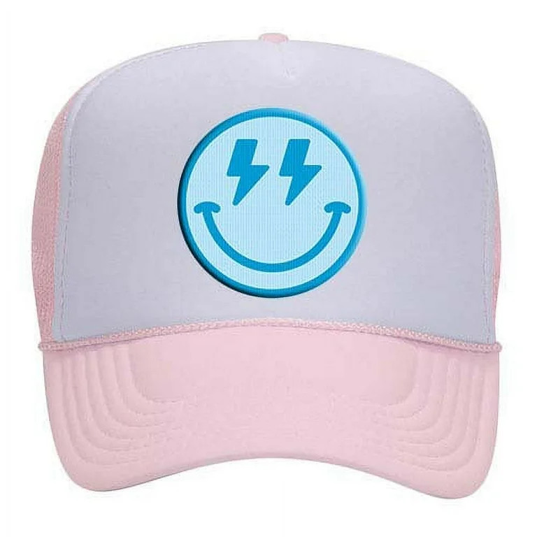 Blue Happy Face Lightning Eyes Smile Face Unisex Embroidered Foam Front Mesh Back Trucker Hat, Wh... | Walmart (US)