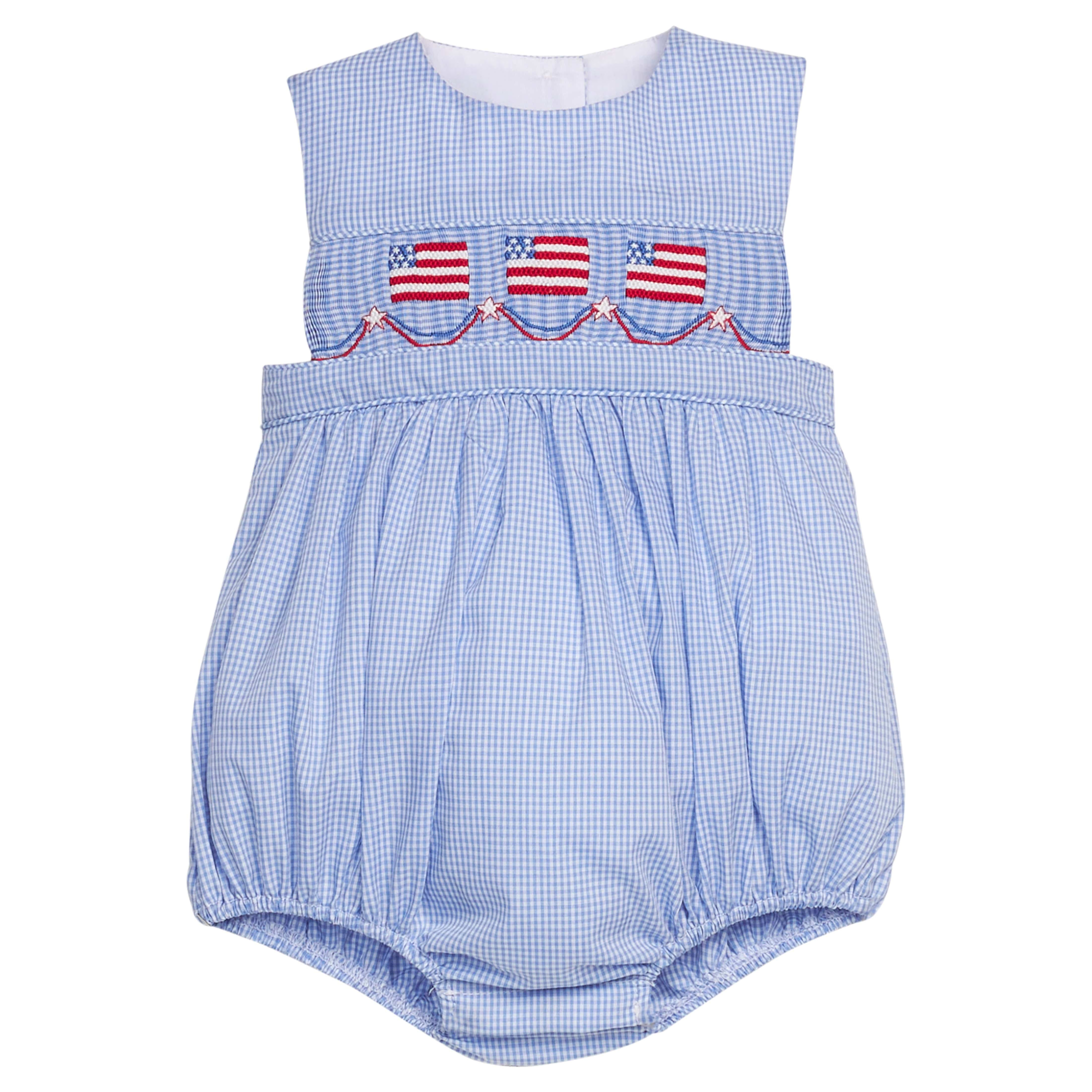 American Flag Smocked Apron Bubble - Royal Gingham Baby Boy | Little English