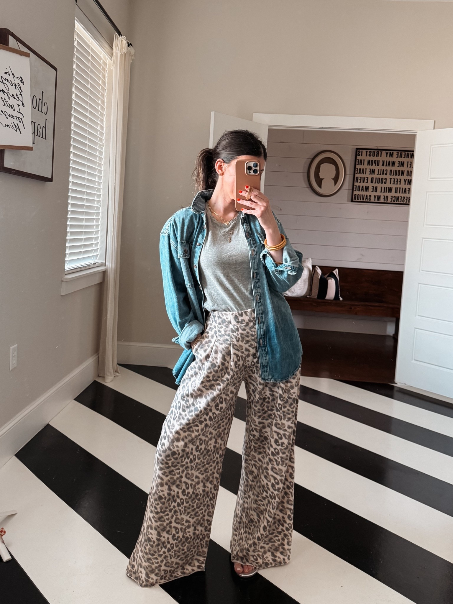 easy casual weekend or work wear outfit! 
-leopard trouser pants: xs short
-denim button down: old, linking similar 
-gray tee: s
-silver metallic flip flops: 6

#LTKSaleAlert #LTKSeasonal #LTKFindsUnder50