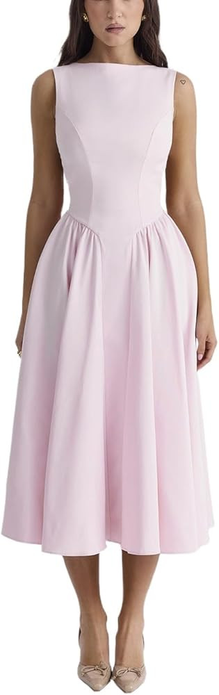 Melliflo Womens Sexy Open Back Solid Color Vintage Midi Dress Crew Neck Sleeveless Slim Fit Elega... | Amazon (US)