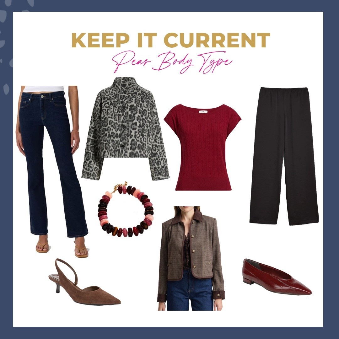 As a Pear Body Type keep your wardrobe current this fall with these items including something with color!