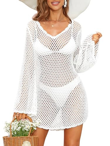 SOCIALA White Crochet Top Cover Up Hollow Out Mesh Beach Coverups for Bathing Suits Long Sleeves Bikini Cover Ups for Women White X-Large | Amazon (US)