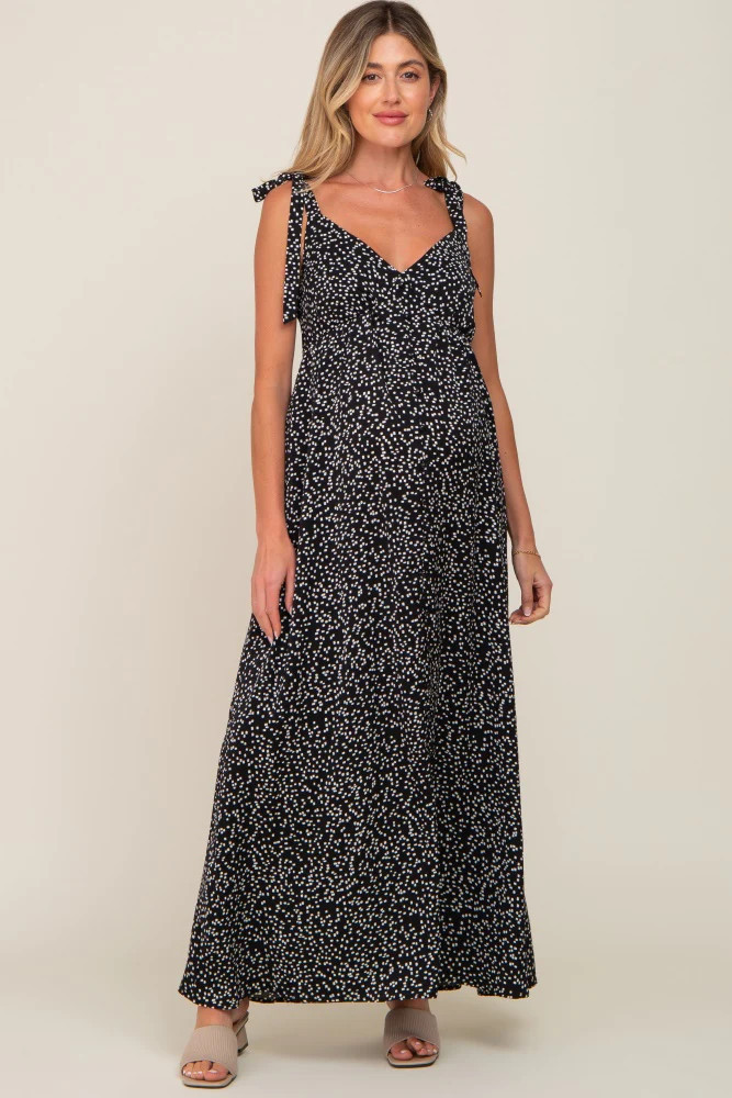 Black Button Front Tie Shoulder Maternity Maxi Dress | PinkBlush Maternity