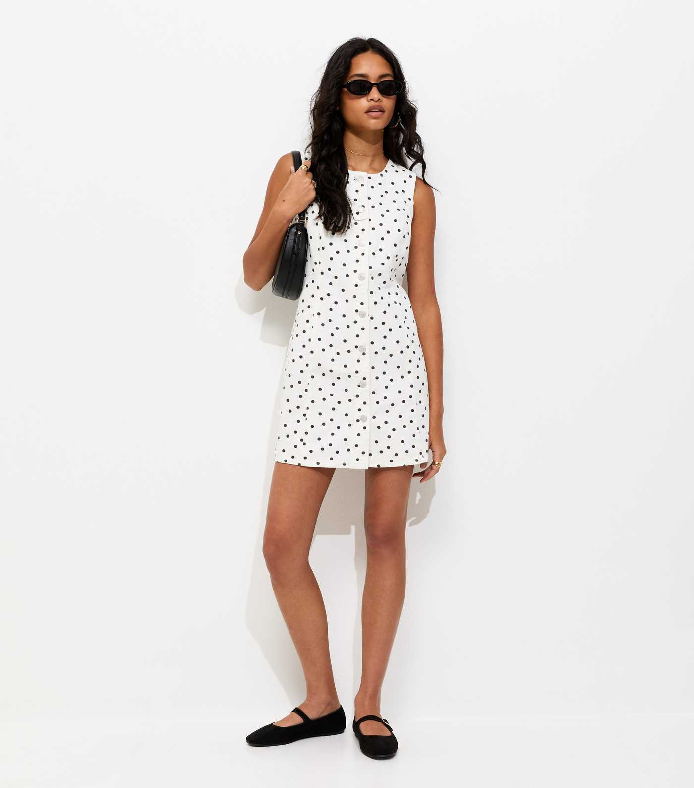 White Polka Dot Denim Mini Dress | New Look | New Look (UK)