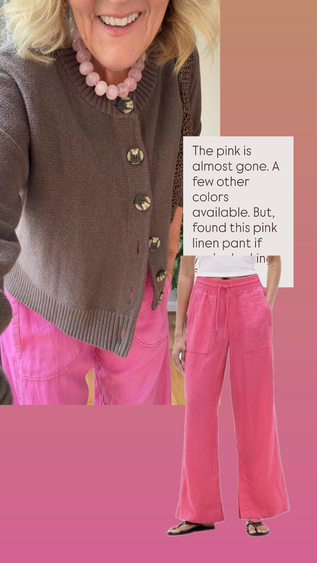 Sweater size medium quince 
Pants sew super relaxed but the pink anthro pant is almost gone. I wear a small in these. Def size down. 
Try the athleta pants! I take a petite medium in them. 
20% off at Anthropologie with code NANETTE20
20% off Allie & Bess code NANETTE20

#LTKOver40 #LTKSaleAlert #LTKspring
