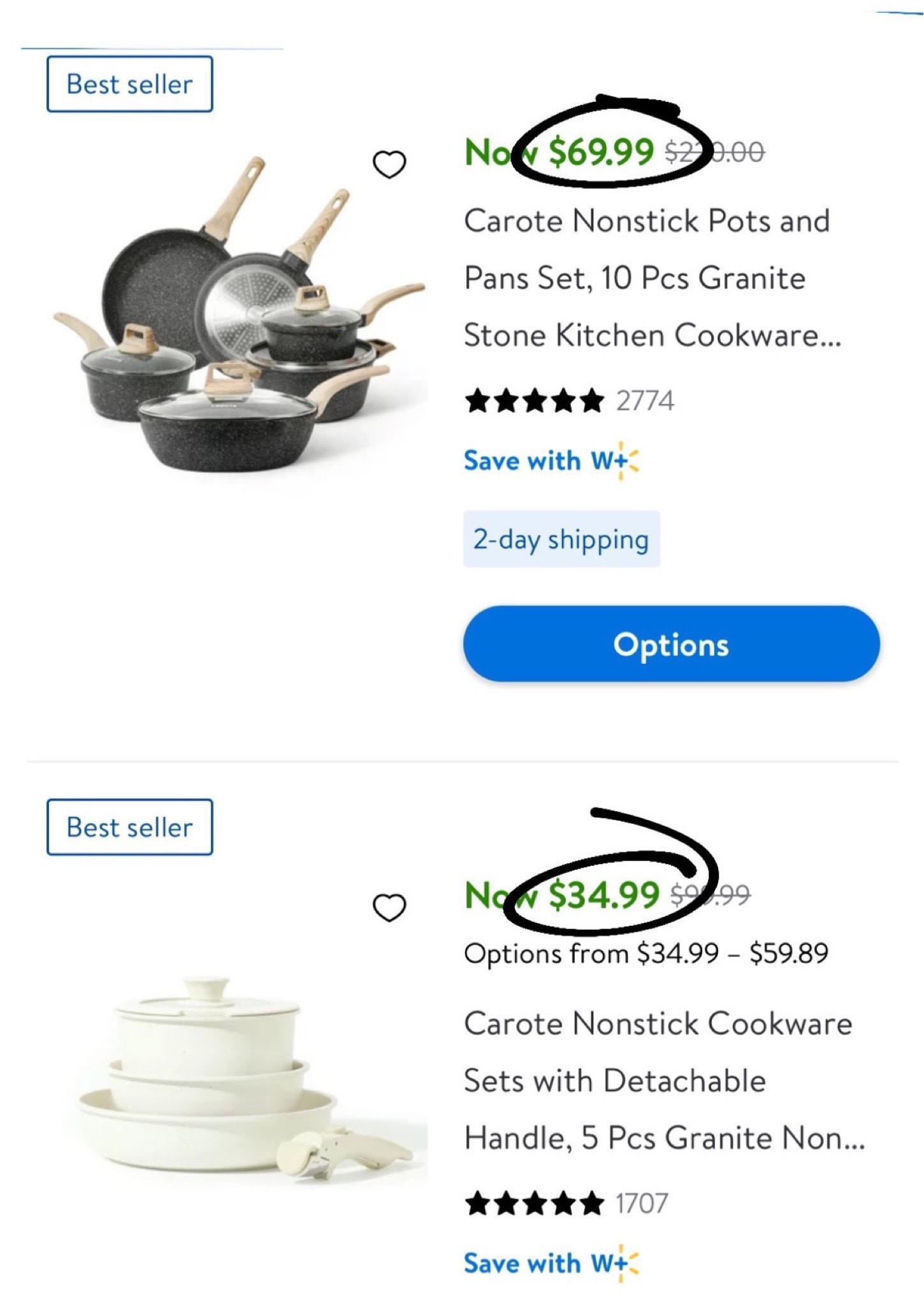 Carote Handle Non-Stick Cookware Set, 5 Piece Granite Non-Stick