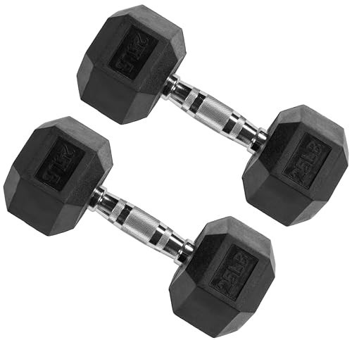 Signature Fitness Rubber Hex Dumbbell Weights Set, Home Gym Equipment, 25 Lbs, Black - Portable Weighted Exercise Dumbbells for Full Body Training and Lifting Workouts | Amazon (US)