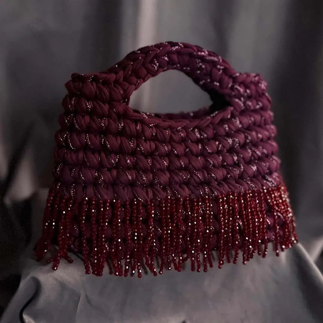 Handmade Burgundy Crochet Bag With Crystal Beaded Fringe - Etsy | Etsy (Global)