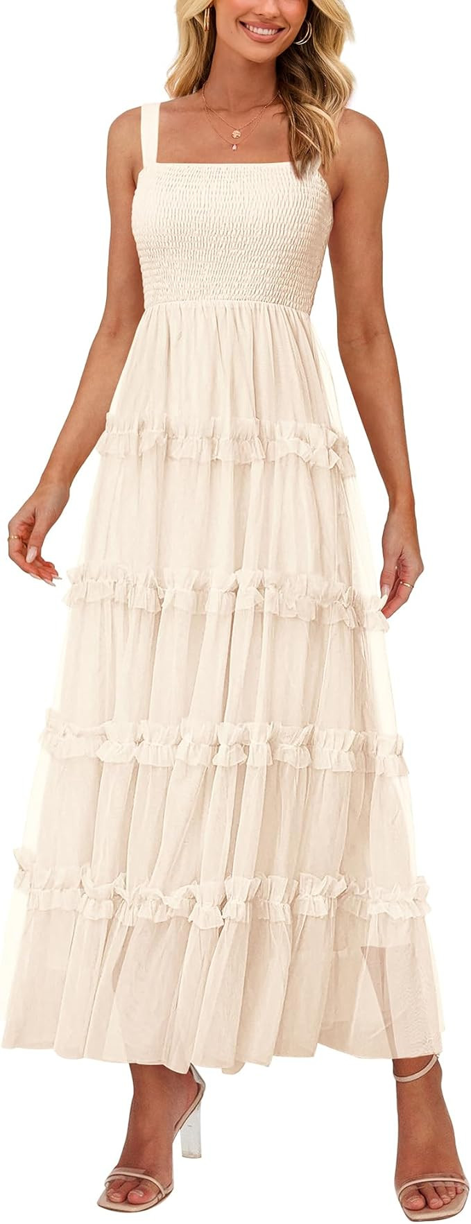 PRETTYGARDEN Women's Summer Dresses 2025 Sleeveless Smocked Tiered Ruffle Tulle A-Line Flowy Wedd... | Amazon (US)