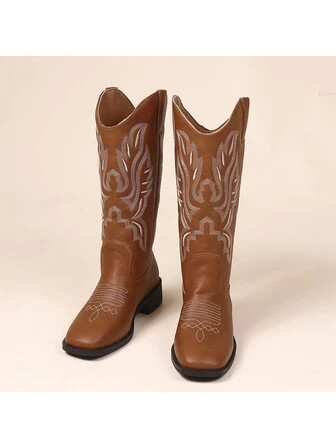 Women's Fashionable Chunky Heel Square Toe Western Cowboy Boots With Embroidery, Mid-calf Vintage... | SHEIN