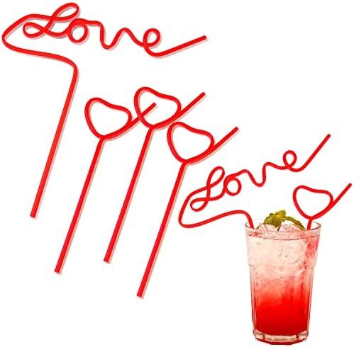 10 Pieces Reusable Drinking Straws Love Heart Shaped Straws Red Valentine's Day Straws Plastic Lette | Amazon (US)
