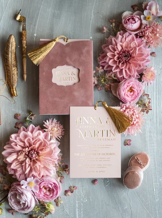 Luxury Blush Pink Velvet Wedding Invitations Gold Foil - Etsy | Etsy (US)