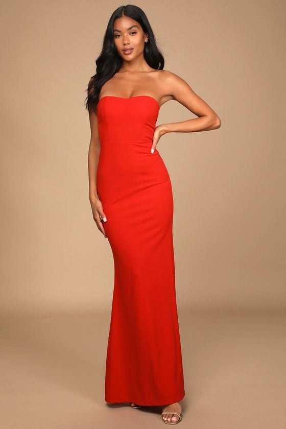 Red Strapless Cutout Mermaid Maxi Dress Red Dress Wedding Guest Dress Evening Dresses Spring Dress | Lulus (US)