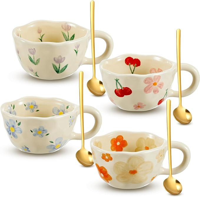 Vesici 4 Styles Cute Ceramic Flower Coffee Mug Set 8.5 oz Vintage Aesthetic Porcelain Floral Tea ... | Amazon (US)