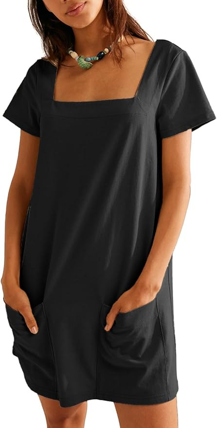 AlvaQ Womens Solid Color Casual Summer Square Neck Short Sleeve Mini Dresses with Pockets | Amazon (US)