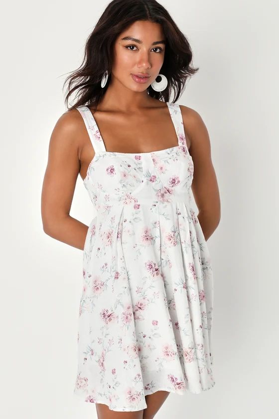 Flirty Blossom White Floral Print Sleeveless Mini Babydoll Dress | Lulus (US)