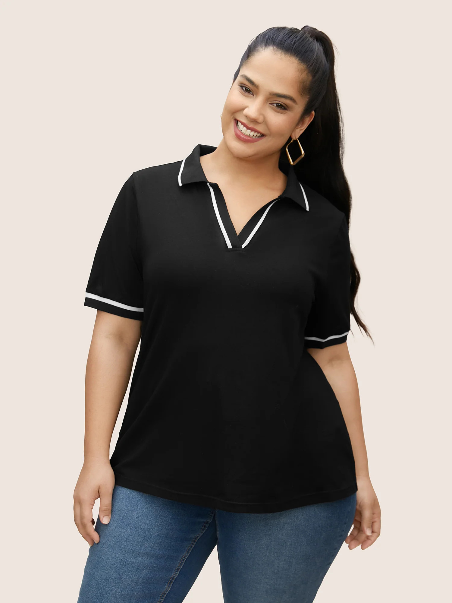 Polo Neck Contrast Trim Short Sleeve T-shirt | Bloomchic