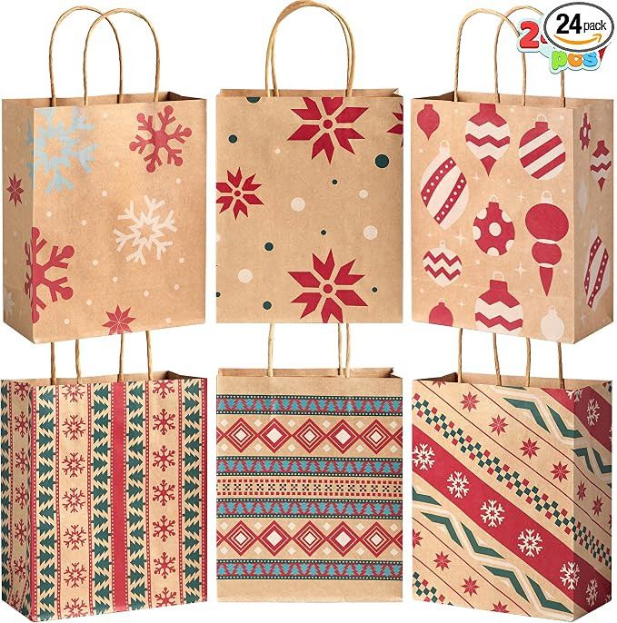 JOYIN 24 PCS Christmas Kraft Gift Bags for Present Wrapping, Holiday Paper Goody Gift Treat Candy... | Amazon (US)