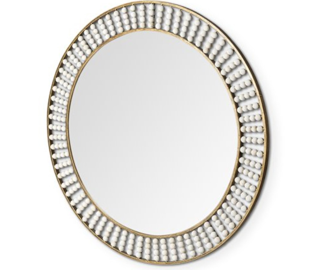 Round Gold Mirror with White Beads | Megan Molten