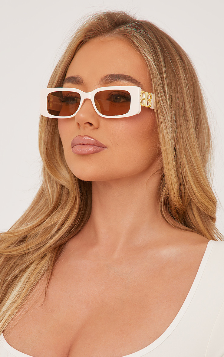 Rectangle Shape Side Detail Slim Frame Sunglasses In Beige | EGO Shoes (US & Canada)